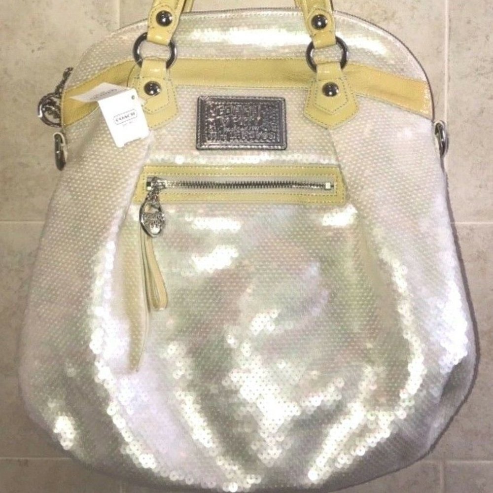 COPY - COACH Poppy Silver Pearl Sequins Tote Bag Leather
